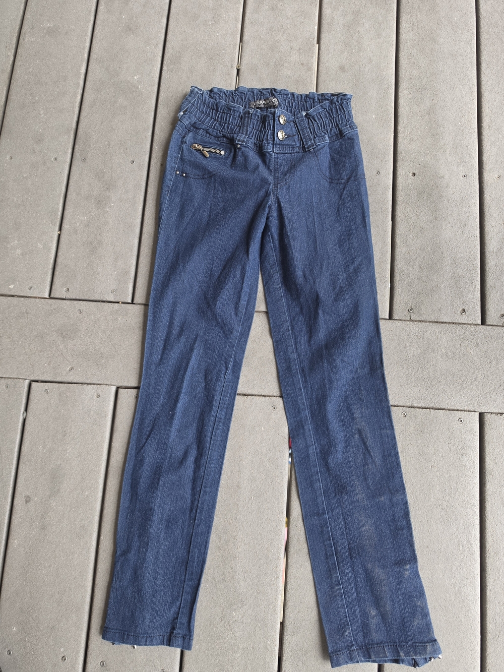 Ruffled Waist Dark Blue Straight Leg Jeans